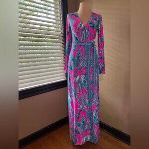 Lilly Pulitzer V Neck Wrap Around Pink and Blue Long Sleeve Dress Talk to Me